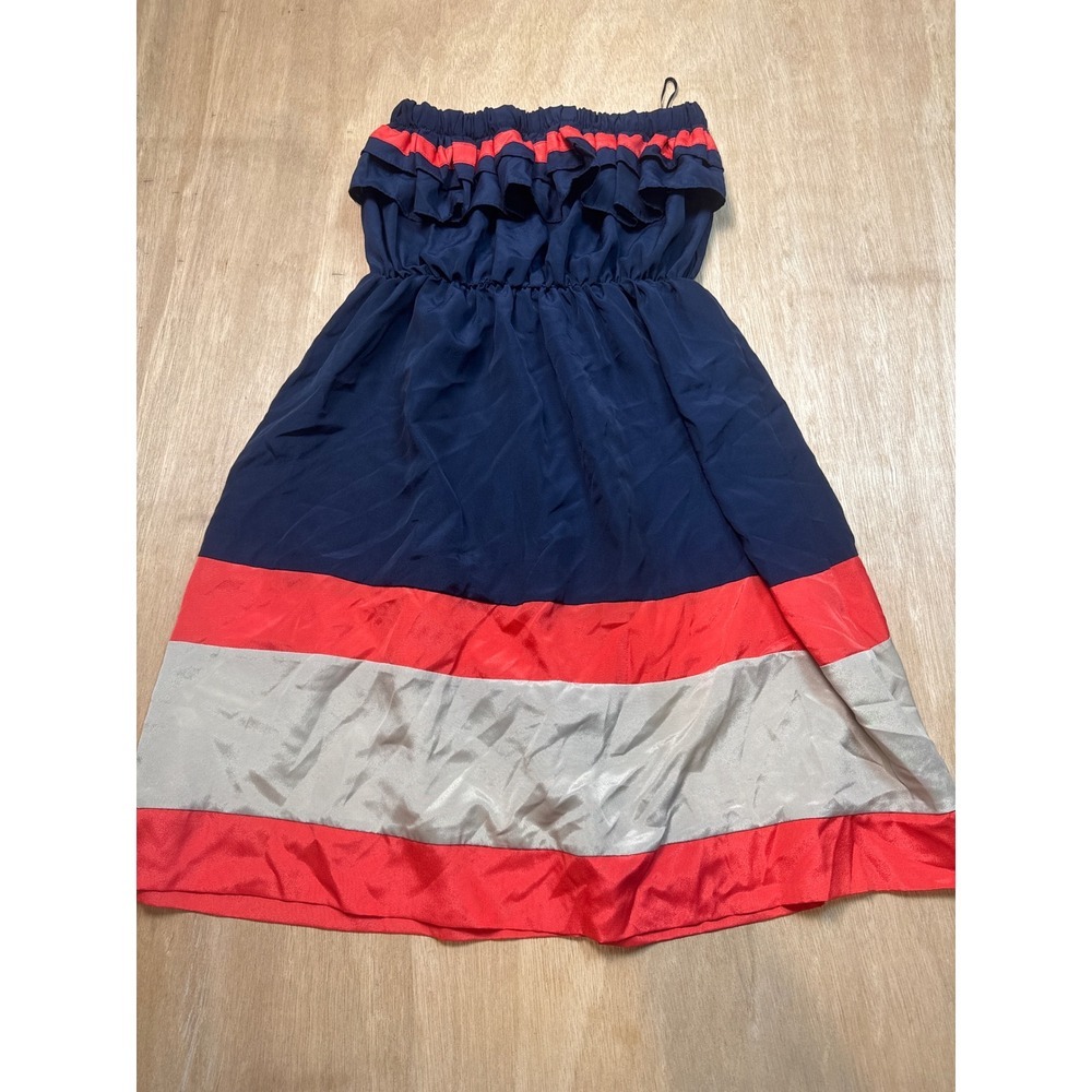 EL U.S.A. Strapless Dress Womens Medium Navy Red Silver Y2K Colorblock Ruffle